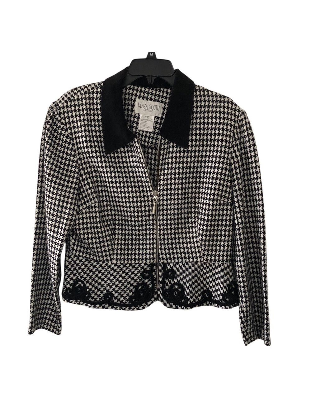 Black & White Houndstooth Zip Jacket Plaza South Petites Size 14 Vintage